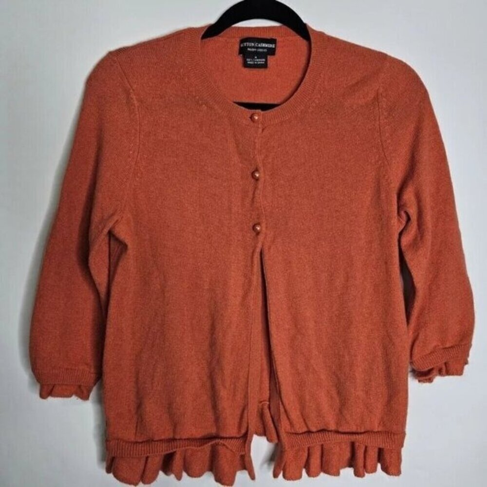 Sutton Cashmere crew Neck Sweater Modern Classic cardigan Orange Ruffles M